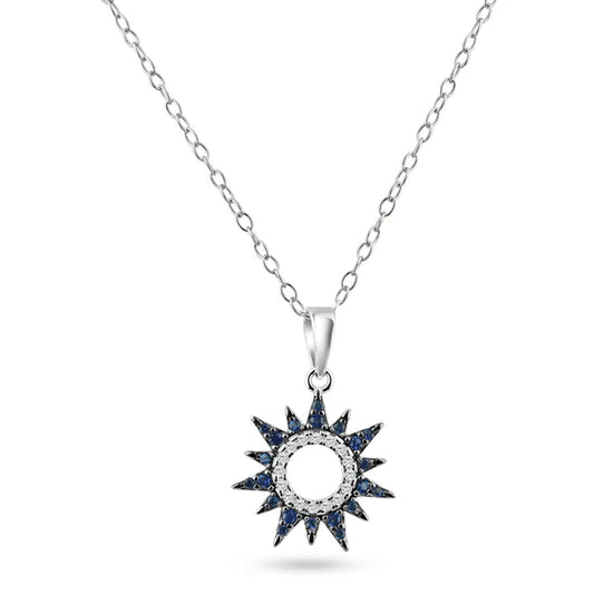 Rhodium Plated 925 Sterling Silver Sun Blue and Clear CZ Pendant Necklace