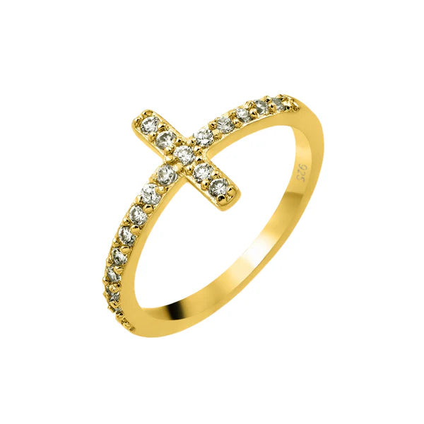 Silver 925 Gold Plated Clear Inlay CZ Cross Ring