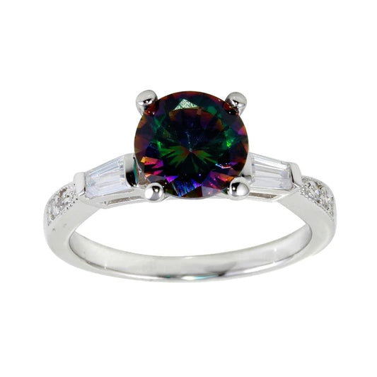Silver 925 Rhodium Plated Oval Solitaire Synthetic Mystic Topaz Baguette Shank CZ Ring