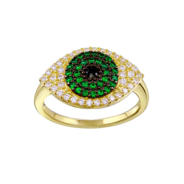 Gold Plated 925 Sterling Silver Black Green Clear CZ Evil Eye Ring