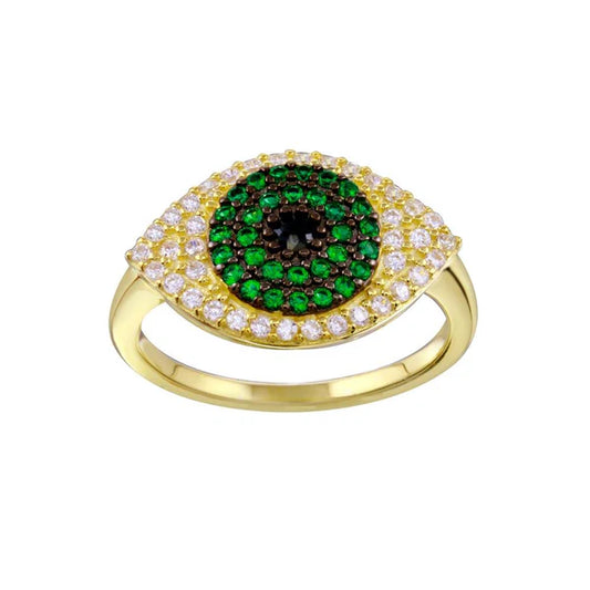 Gold Plated 925 Sterling Silver Black Green Clear CZ Evil Eye Ring