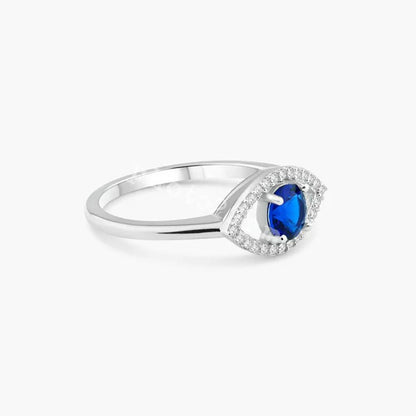 Rhodium Plated 925 Sterling Silver Open Evil Eye Ring with Blue Center Stones