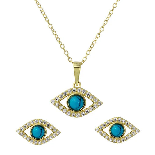 Gold Plated 925 Sterling Silver Evil Eye Set with Turquoise Bead and CZ