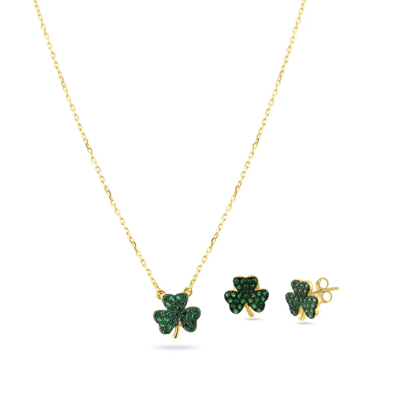 Gold Plated 925 Sterling Silver Mini Green Clover Set with CZ