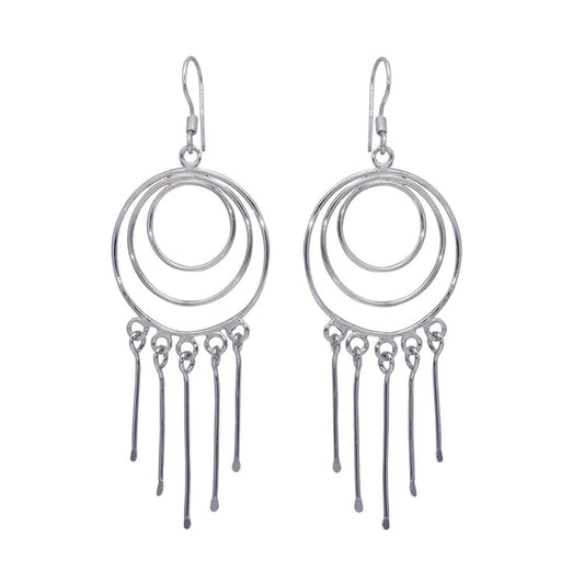 Silver 925 Rhodium Plated Multiple Graduated Open Circle Wire Dangling Hanging Teardrop Hook Earrings
