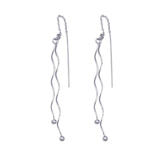 Silver 925 Rhodium Plated Two Twisted Wire Threaded Hanging Ball Hook Earrings