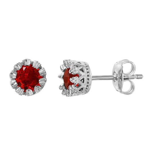 Silver 925 Rhodium Plated Crown Set Studs with Red CZ Stone