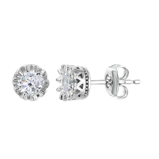 Silver 925 Rhodium Plated Crown Set Studs with Clear CZ Stone