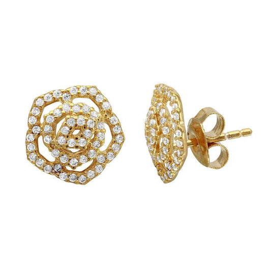 Gold Plated 925 Sterling Silver Outline CZ Flower Stud Earrings
