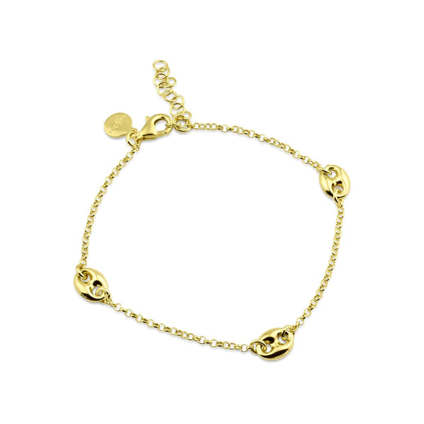 Silver 925 Gold Plated Puffed Mariner Charm Lariat Bracelet