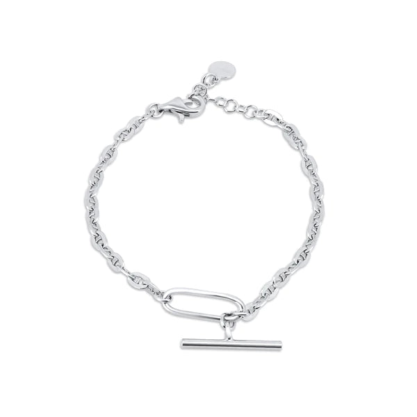 Silver 925 Rhodium Plated Flat Marina Paperclip Bar Adjustable Bracelet