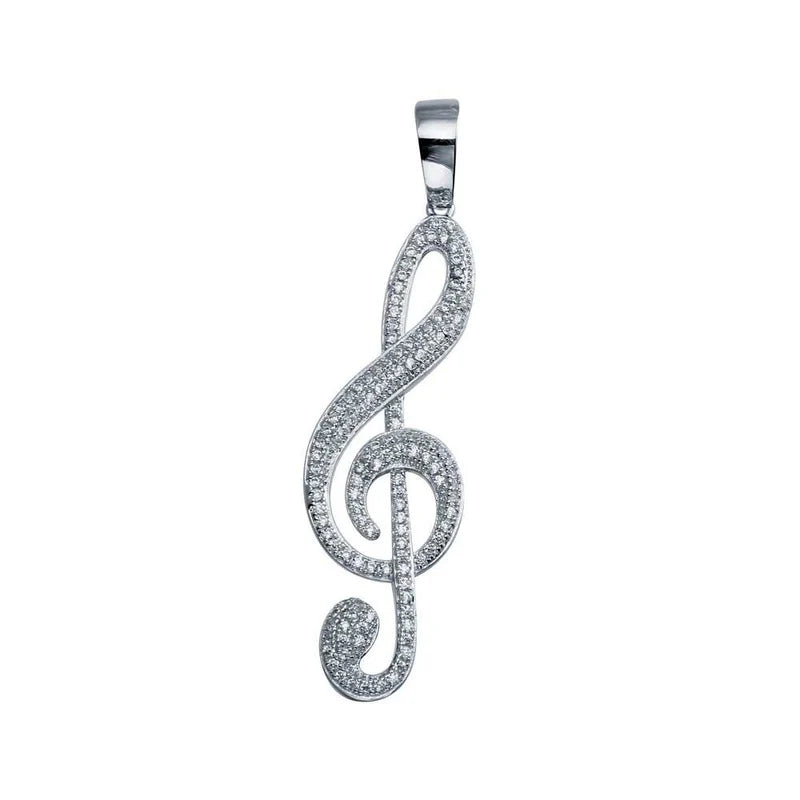 Rhodium Plated 925 Sterling Silver Treble Clef Musical Note Hip Hop Pendant