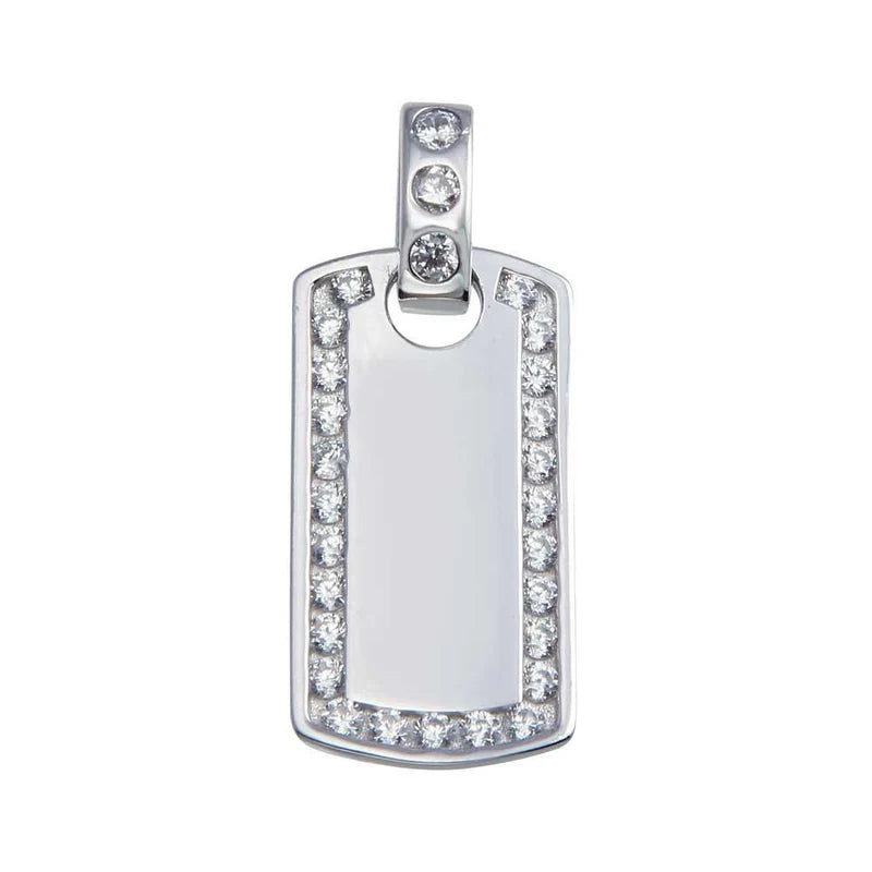 Rhodium Plated 925 Sterling Silver CZ Dog Tag Hip Hop Pendant