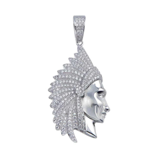 Silver 925 Rhodium Plated CZ Native American Chief Hip Hop Pendant