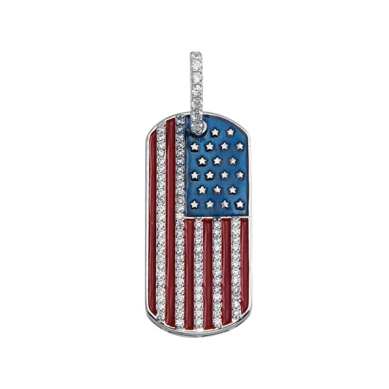 Silver 925 Rhodium Plated CZ American Flag Dog Tag Hip Hop Pendant