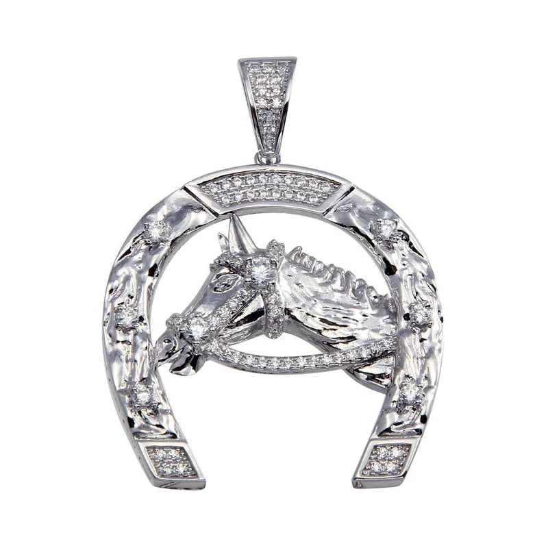 Silver 925 Rhodium Plated Horse and Horseshoe Hip Hop Pendant