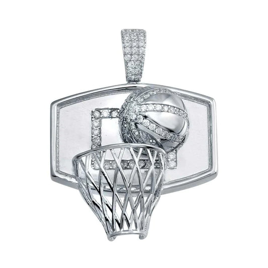 Silver 925 Rhodium Plated CZ Basketball Hoop Hip Hop Pendant