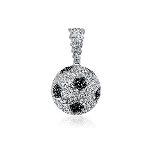 Rhodium Plated 925 Sterling Silver Football Soccer Clear and Black CZ Pendant