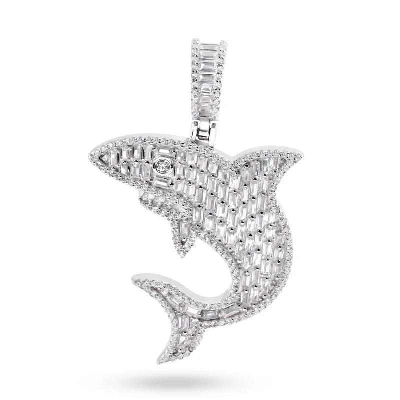 Rhodium Plated 925 Sterling Silver Shark Baguette Clear CZ Pendant