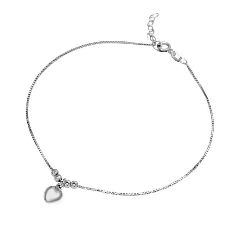 Rhodium Plated 925 Sterling Silver Dangling Heart Anklet