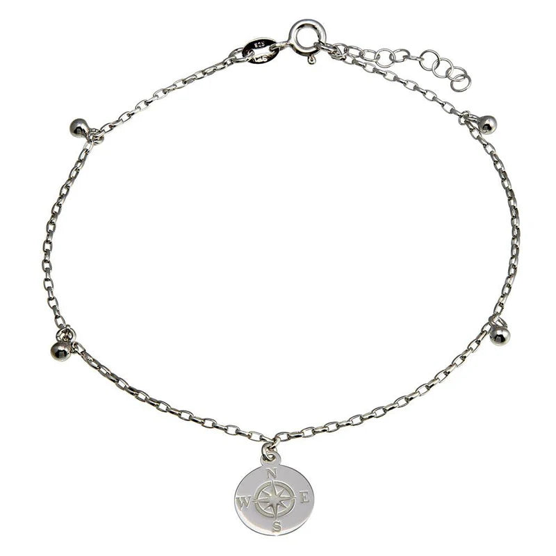 Rhodium Plated 925 Sterling Silver Compass Disc with Dangling Beads Anklet