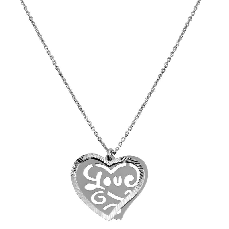 Silver 925 Rhodium Plated Double Flat Heart Pendant with"Love" Design