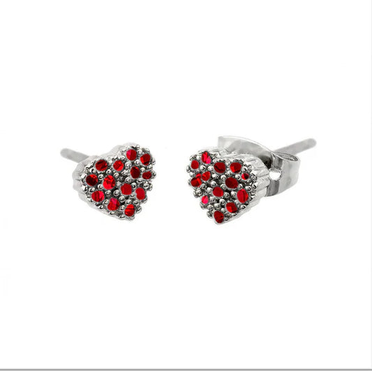 Silver 925 Rhodium Plated Red Heart Black Prongs CZ Earrings