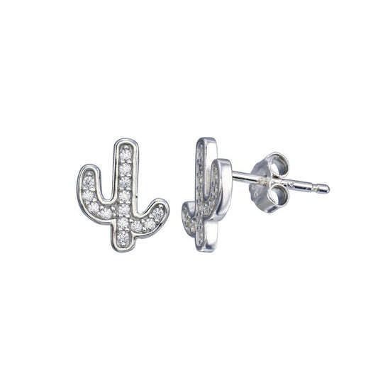 Rhodium Plated 925 Sterling Silver CZ Cactus Stud Earring