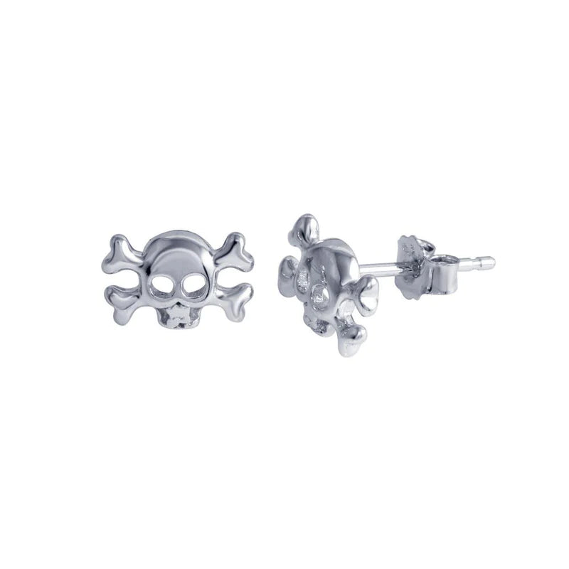 Silver 925 Rhodium Plated Skull Crossbones Stud Earrings