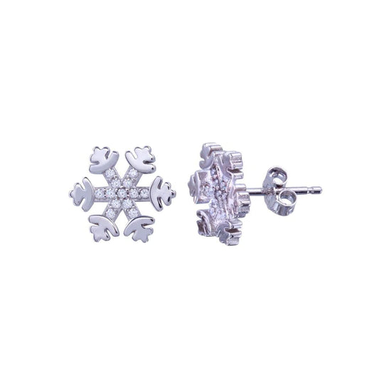Silver 925 Rhodium Plated CZ Snow Flakes Earrings