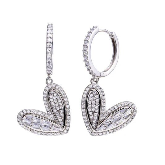 Rhodium Plated 925 Sterling Silver CZ Hoop Dangling Wide Heart Earrings