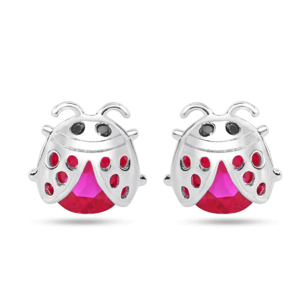 Sterling Silver Rhodium Plated Lady Bug Red CZ Stud