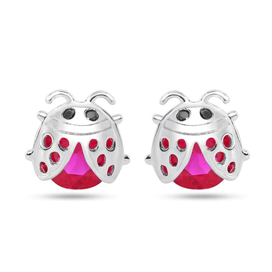 Sterling Silver Rhodium Plated Lady Bug Red CZ Stud