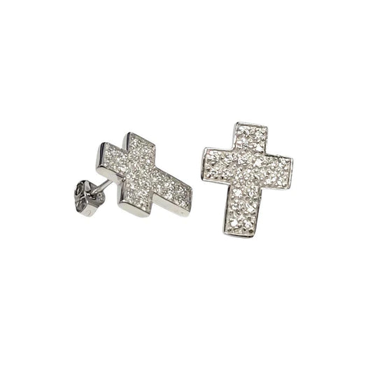 Silver 925 Rhodium Plated Cross Micro Pave Clear CZ Stud Earrings