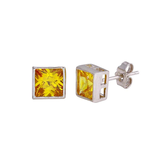 Silver 925 Rhodium Plated Square Yellow CZ Stud Earrings