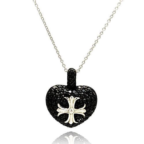 Silver 925 Rhodium Plated Black Heart with Silver Cross Necklace