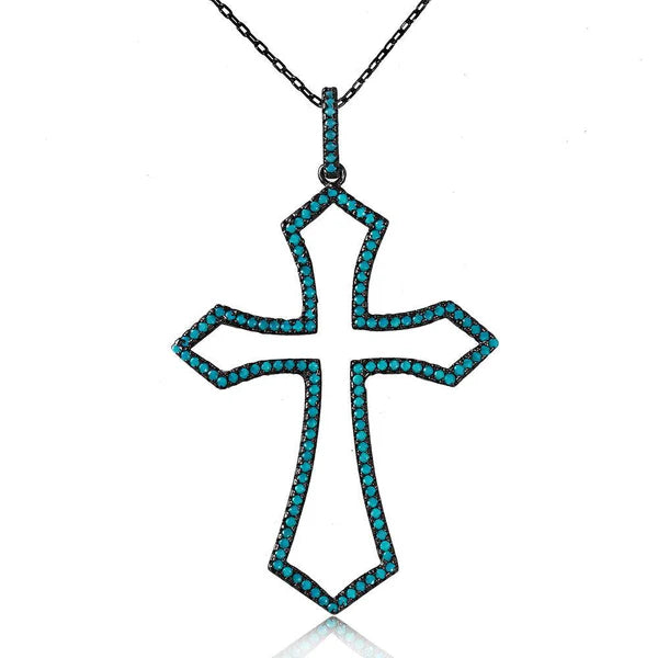 Silver 925 Black Rhodium Open Cross Necklace with Synthetic Turquoise Stone