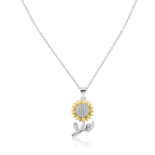 Silver 925 Rhodium Plated 2 Tone Sunflower CZ Pendant