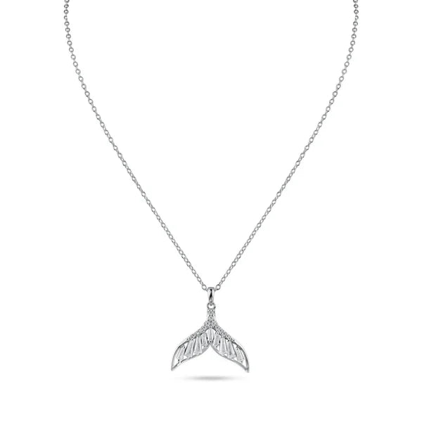 Rhodium Plated 925 Sterling Silver Whale Tail Clear Baguette CZ Necklace