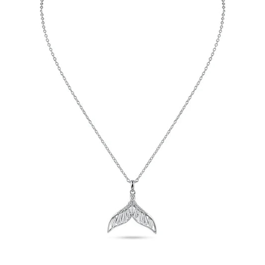 Rhodium Plated 925 Sterling Silver Whale Tail Clear Baguette CZ Necklace