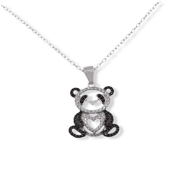 Rhodium Plated 925 Sterling Silver Panda Heart Black and Clear CZ Pendant Necklace