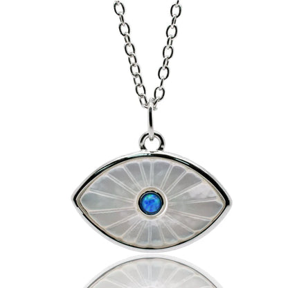 Rhodium Plated 925 Sterling Silver Synthetic White Pearl Evil Eye Blue CZ Pendant Necklace