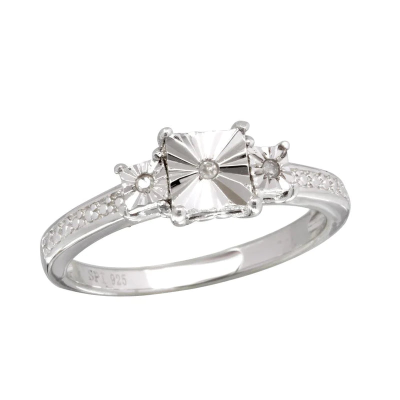 Silver 925 Rhodium Plated Square Diamond Cut Past Present Future Ring