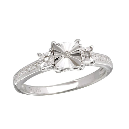 Silver 925 Rhodium Plated Square Diamond Cut Past Present Future Ring
