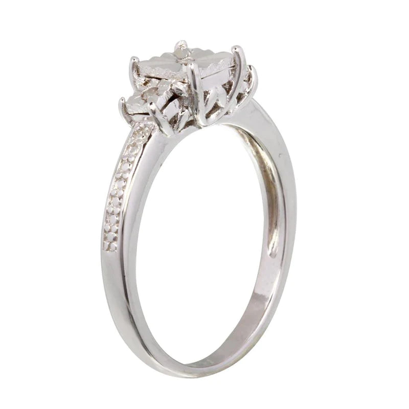 Silver 925 Rhodium Plated Square Diamond Cut Past Present Future Ring
