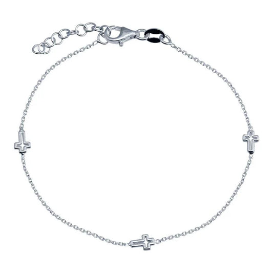 Rhodium Plated 925 Sterling Silver Single Strand Bracelet with 3 Cross