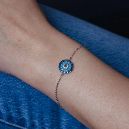 Rhodium Plated 925 Sterling Silver CZ Evil Eye Bracelet