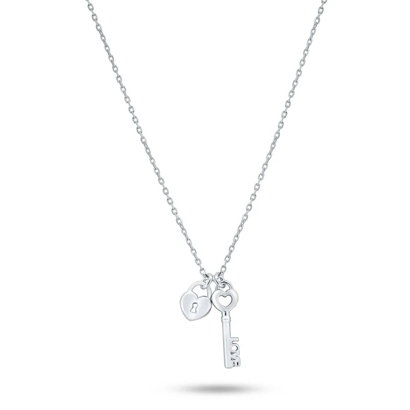 Rhodium Plated 925 Sterling Silver Small Love Key and Heart Lock Necklace