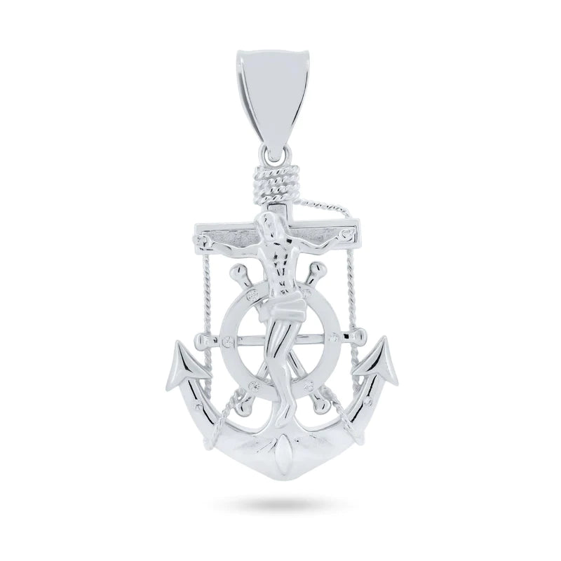 Silver 925 Rhodium Plated Anchor Helm Cross CZ Pendant