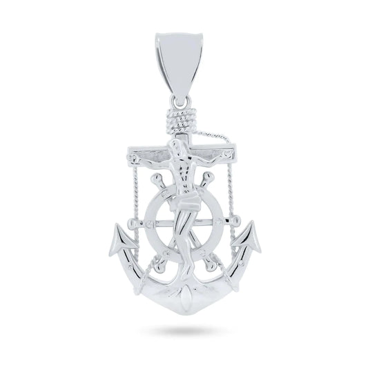 Silver 925 Rhodium Plated Anchor Helm Cross CZ Pendant